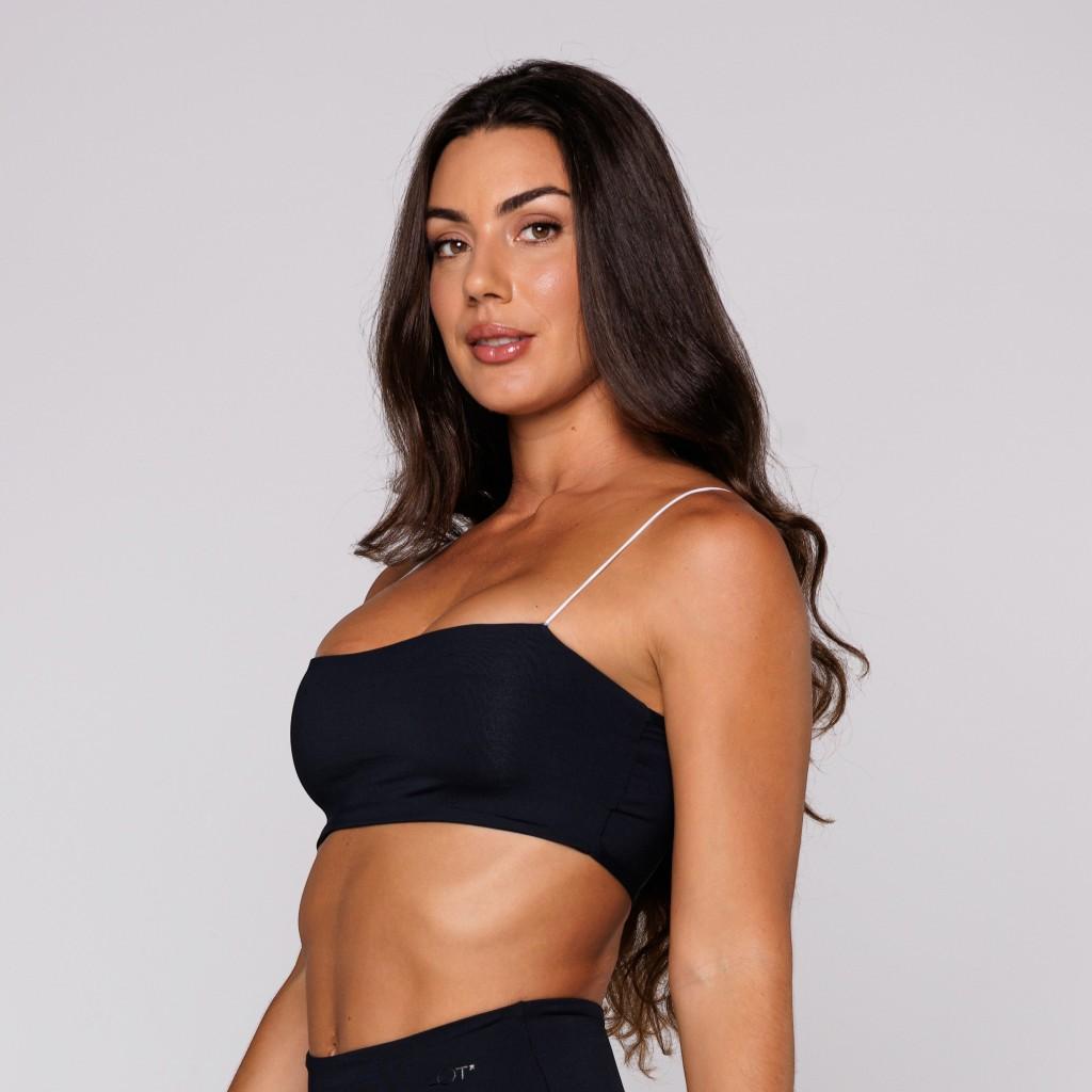 Top Faixa Feminino Academia De Poliamida Preto Com Detalhe De Alça Branca Lot Fitness