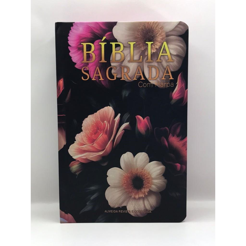 Bíblia Sagrada Tamanho Grande Com Harpa Palavras De Jesus Em Vermelho Capa Dura Floral Preta