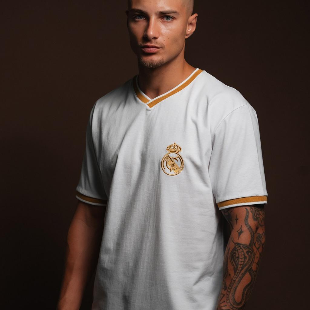 Camisa Real Madrid Torcedor Trending Branco E Dourado Masculina Oficial