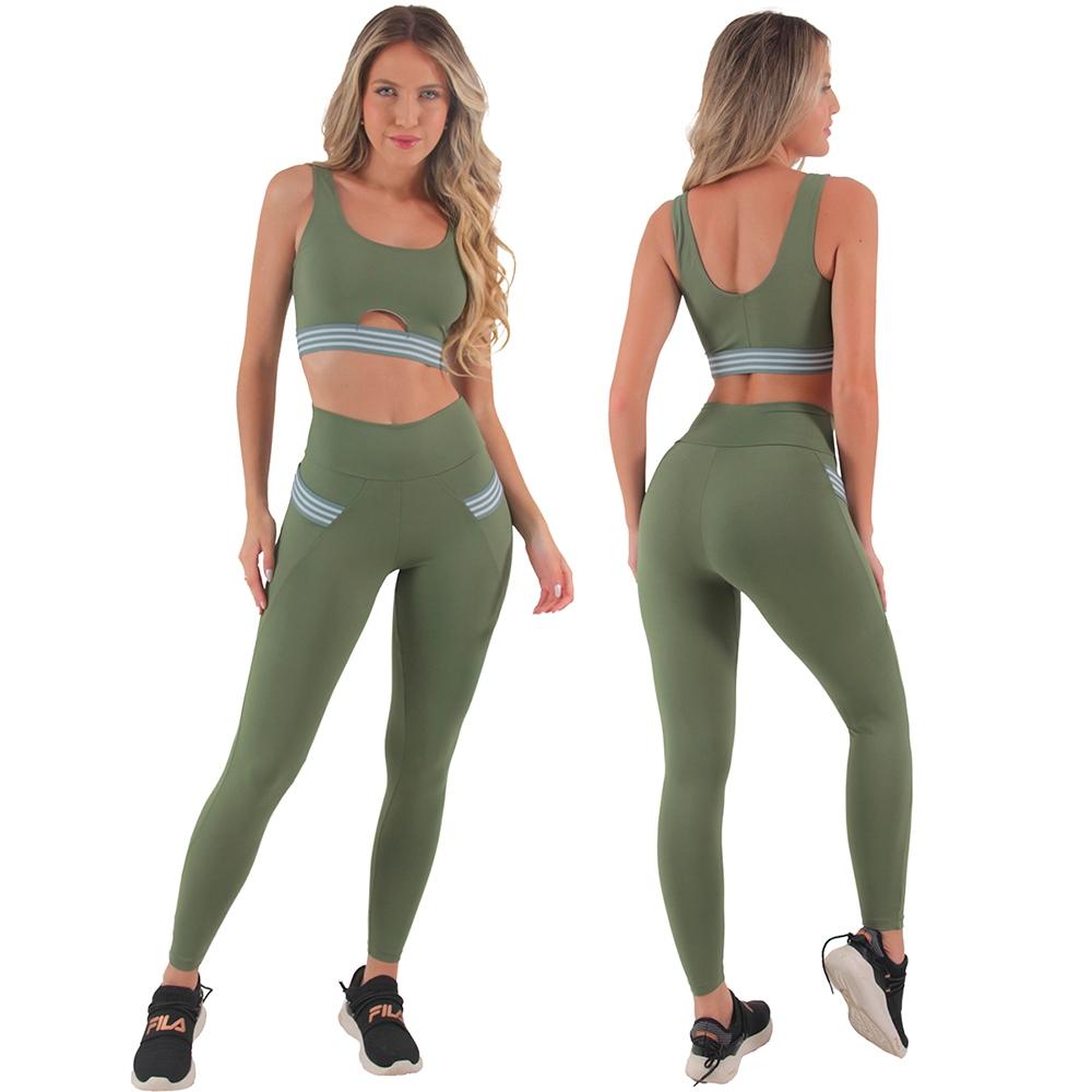 Kit 2 Conjuntos Fitness Feminino Poliamida Com Bolsos
