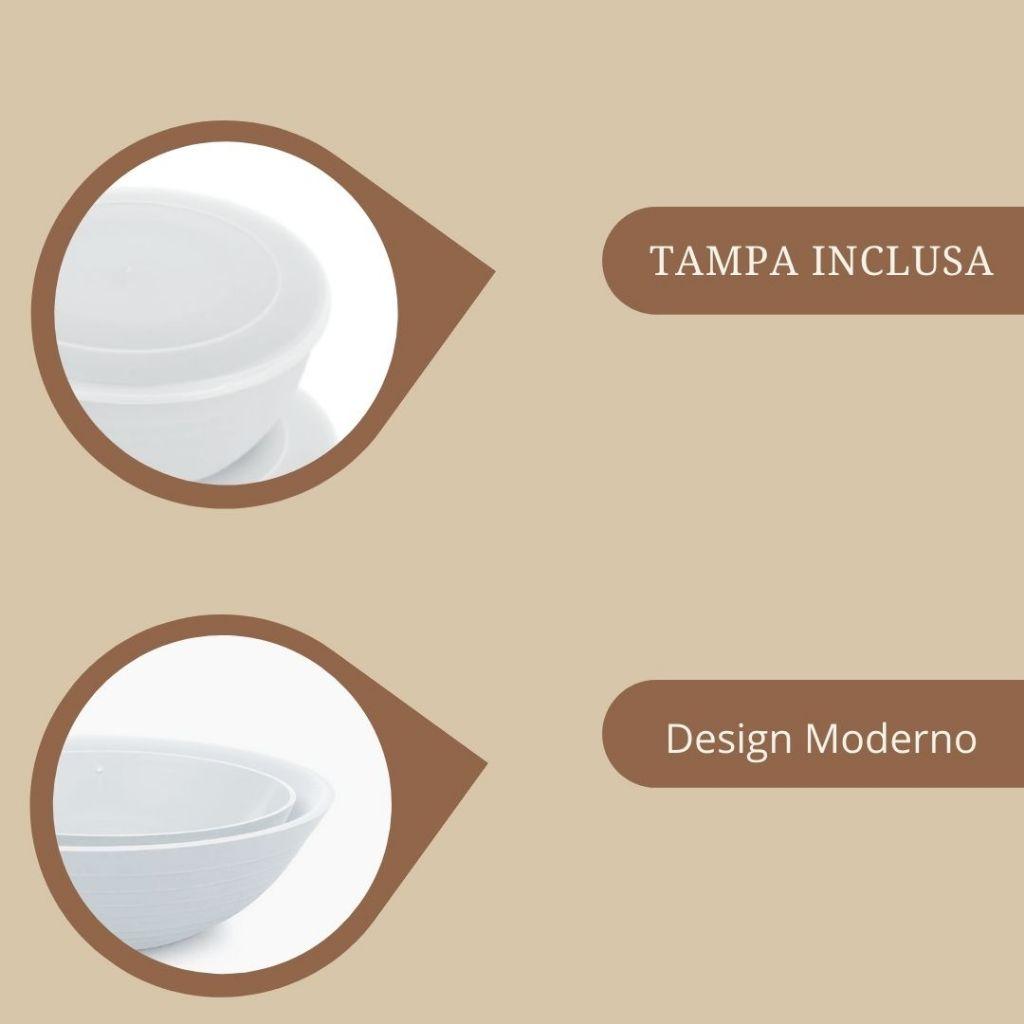 Jogo 3 Bowls Fibra Com Tampa 350ml 600ml 800ml Off White Preparar Armazenar E Servir
