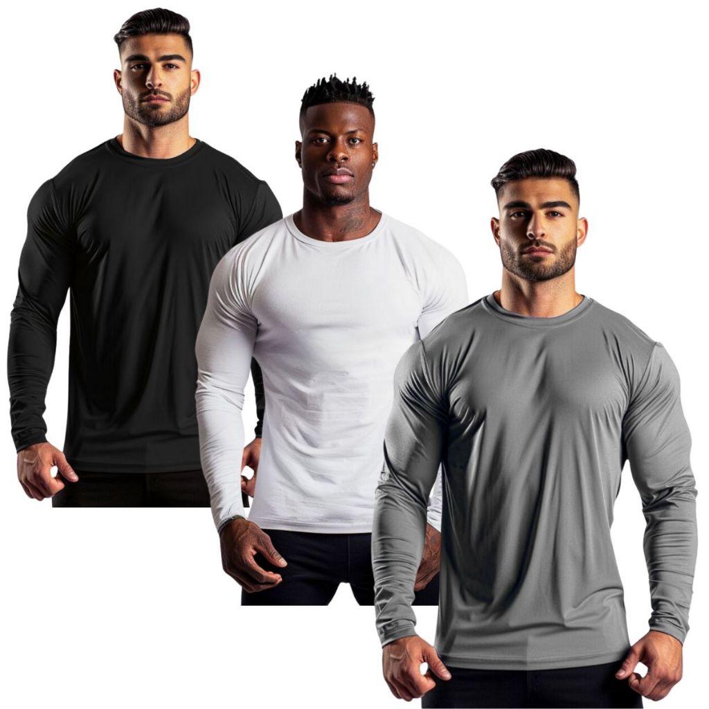 Kit 3 Camisetas Manga Longa Dry Fit Proteção Uv Academia Top Motoboy Treino
