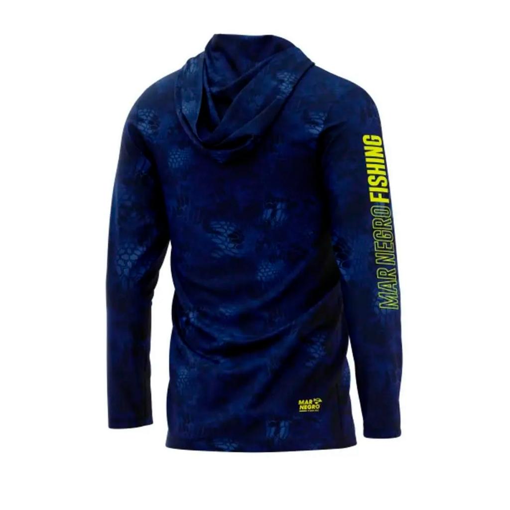 Camisa Sublimada Proteção Solar Uv Preto Blue Com Capuz - Mar Negro