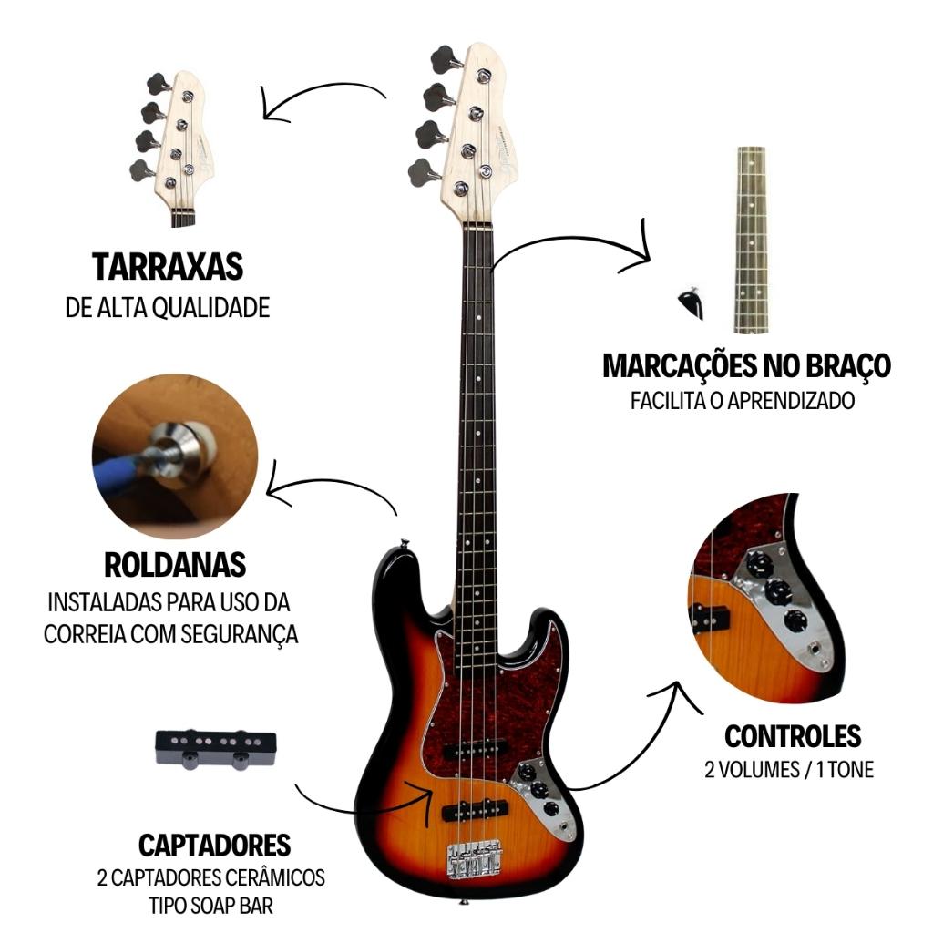 Kit Contra Baixo Giannini 4 Cordas Gb100 Passivo Jazz Bass + Acessórios + Amplificador Sheldon