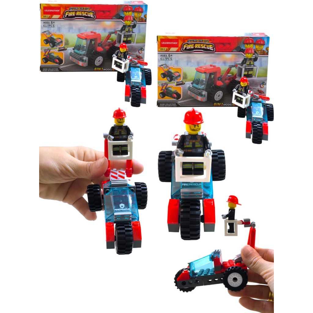 Blocos De Montar Caminhão De Bombeiro 61 Pçs 3 Em 1 Fire Rescue Lembrancinha Infantil Festa Criança