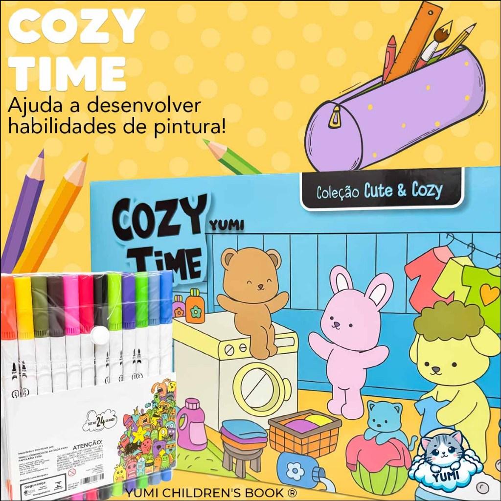 Kit Livro De Colorir Cozy Time Goods + Canetas Marcadores Canetinhas Ponta Dupla Touch Brush Pen