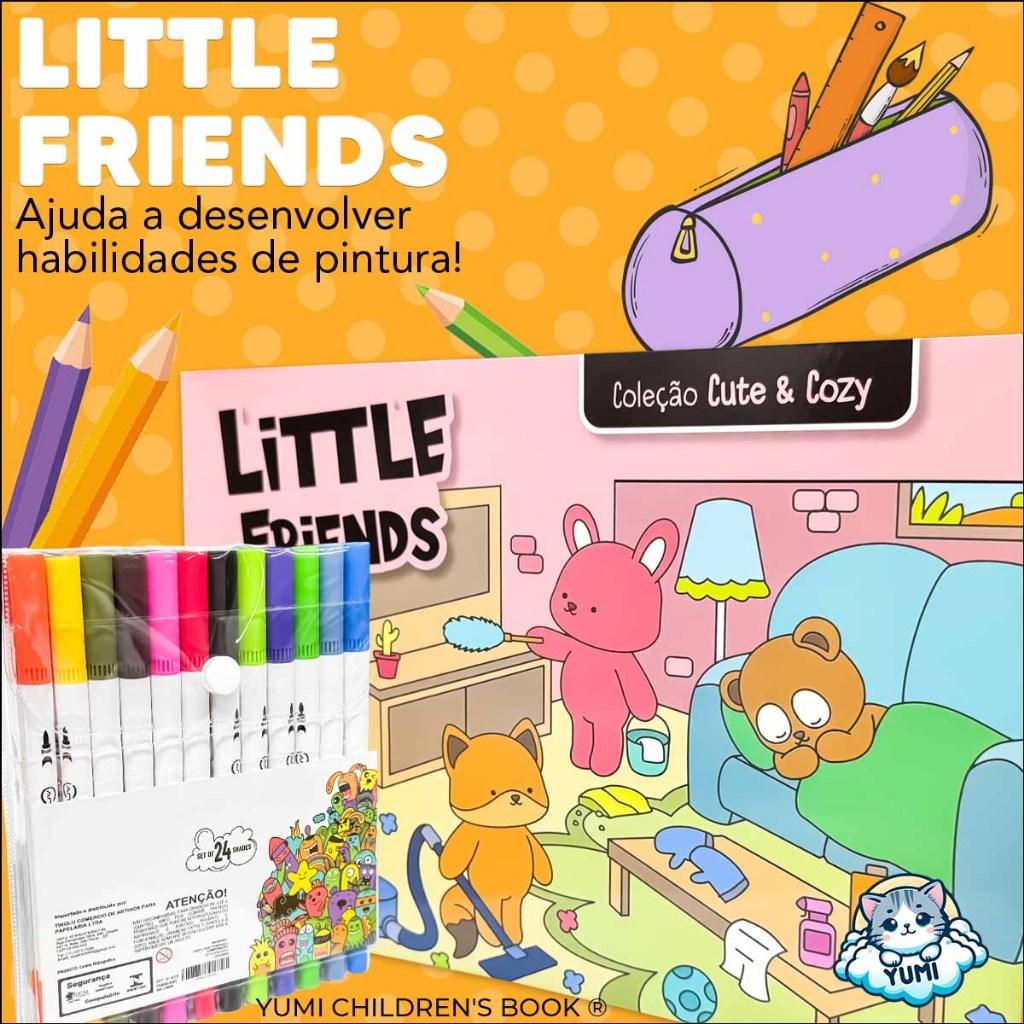 Kit Livro De Colorir Little Friends Goods + 24 Canetinhas Coloridas Ponta Dupla Marcadores Brush