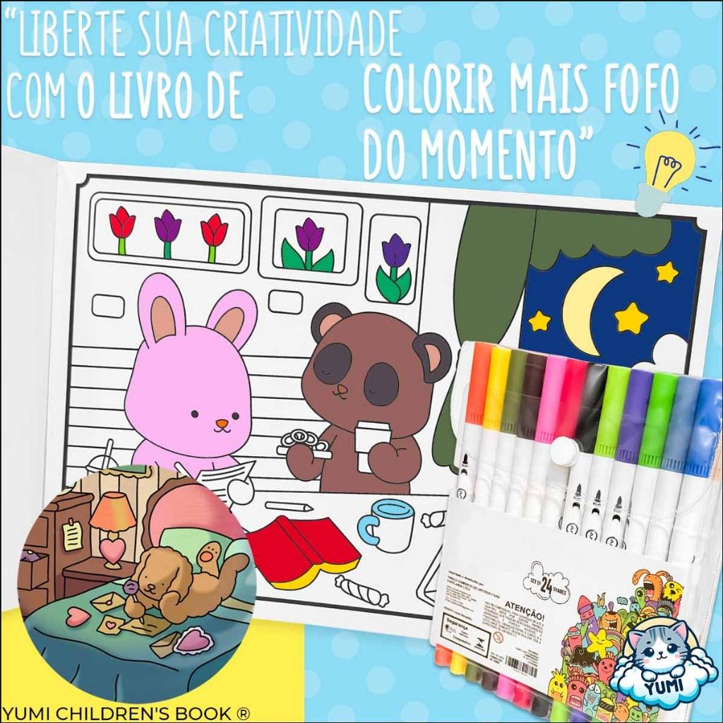 Livro Little Friends Goods Para Colorir + Estojo Bolsa Caneta Marcadores Canetinhas Coloridas Kit Com Ponta Dupla