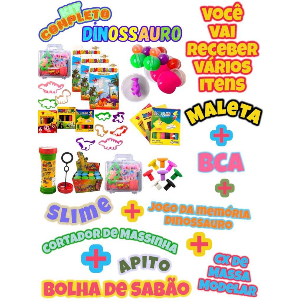 Kit 10 Dinossauro Maletinha Com Massinha Modelar Bolha Molde Jogo Memória Slime E Mais Lembrancinha