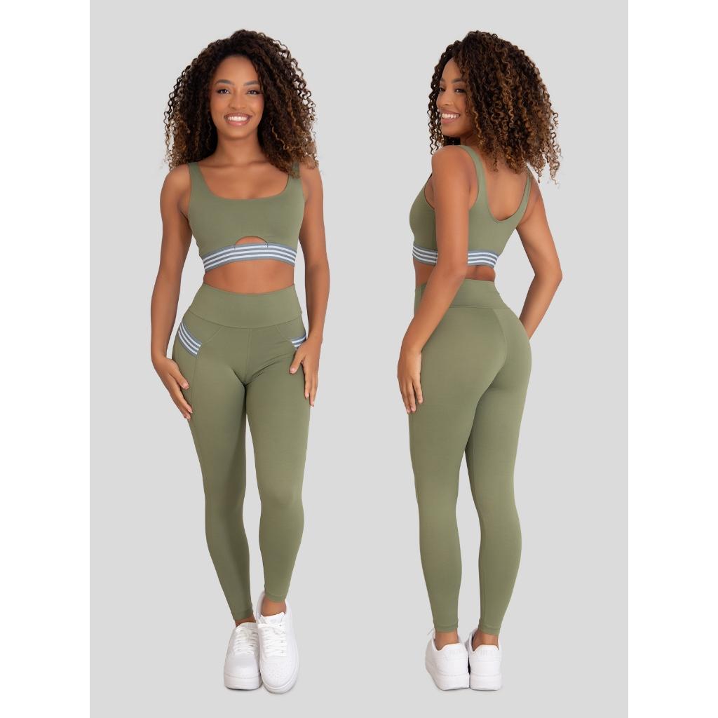 Conjunto Calça Legging + Top Feminino Fitness Poliamida Rocca Com Bolsos