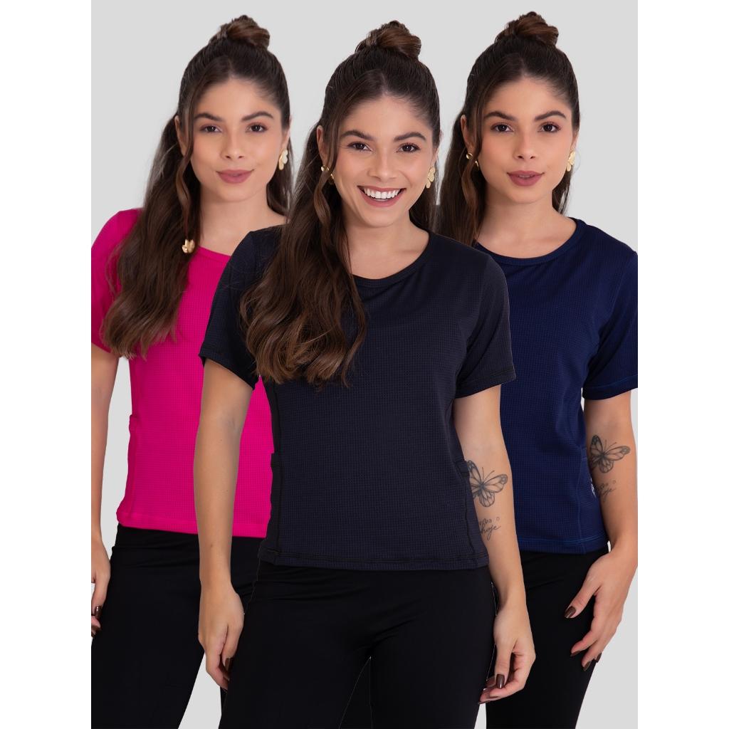 Kit 3 Camisetas Academia Feminina Com Bolso Uv50+ Poliamida Rocca