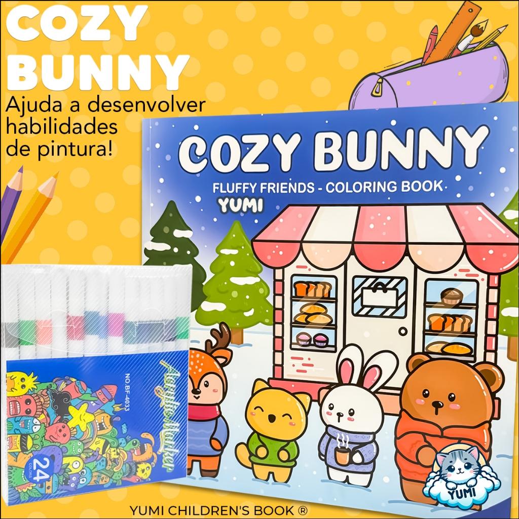 Kit Livro De Colorir Comfy Cozy Bunny + Canetinhas Colorir Marcadores 24 Cores Acrílica Profissional