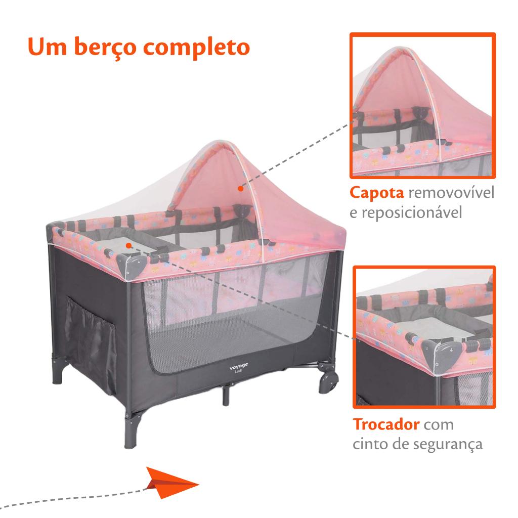 Berço Portátil Voyage Luck Rosa Boreal 2 Alturas Com Mosquiteiro E Trocador 0-15kg