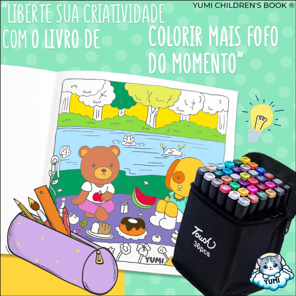 Kit Livro De Colorir Comfy Goods Cute Home Dia Noite + 36 Canetinhas Touch Ponta Dupla Para Colorir