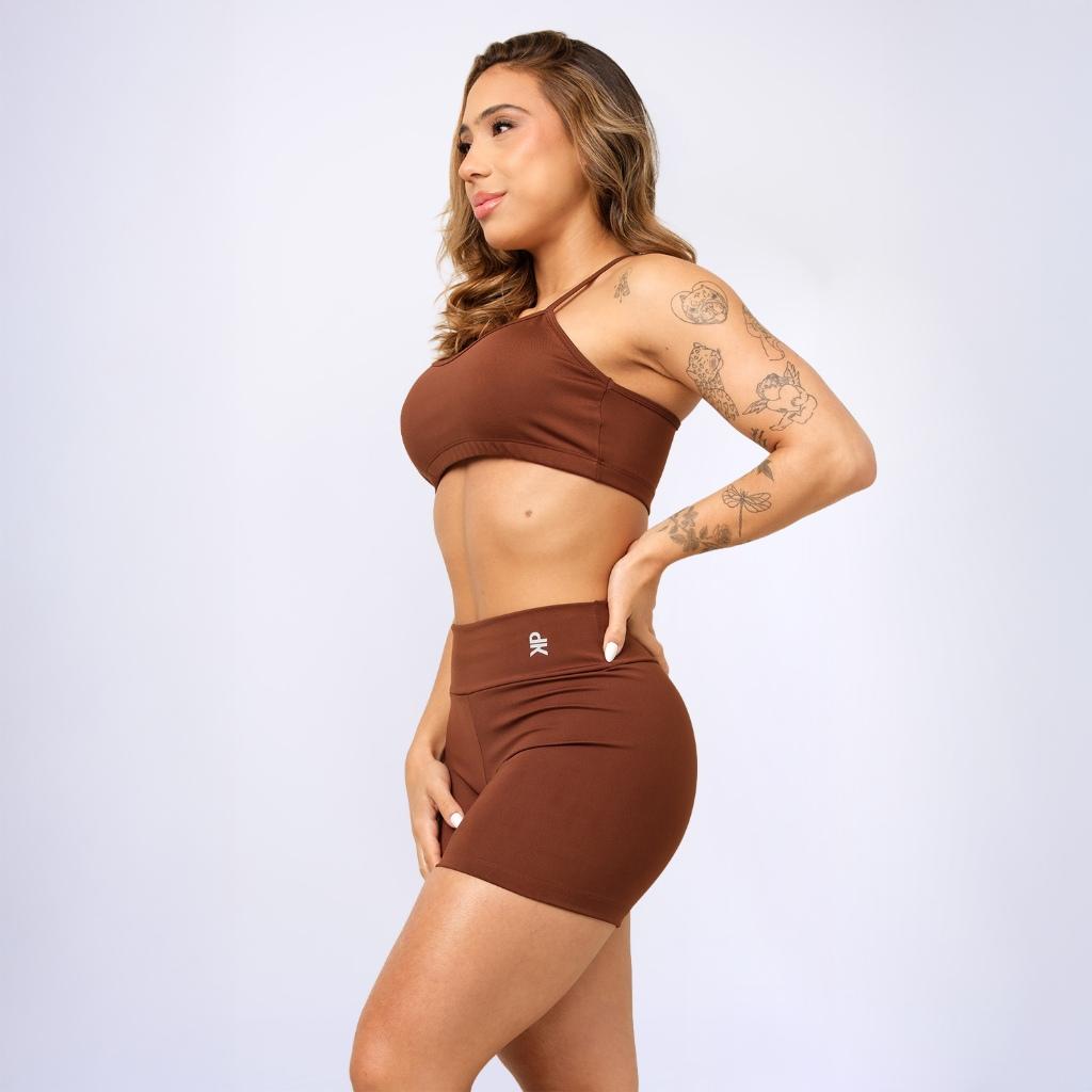 Conjunto Fitness Top Alça E Short Legging Blackout Cós Alto Feminino Liso Básico Academia