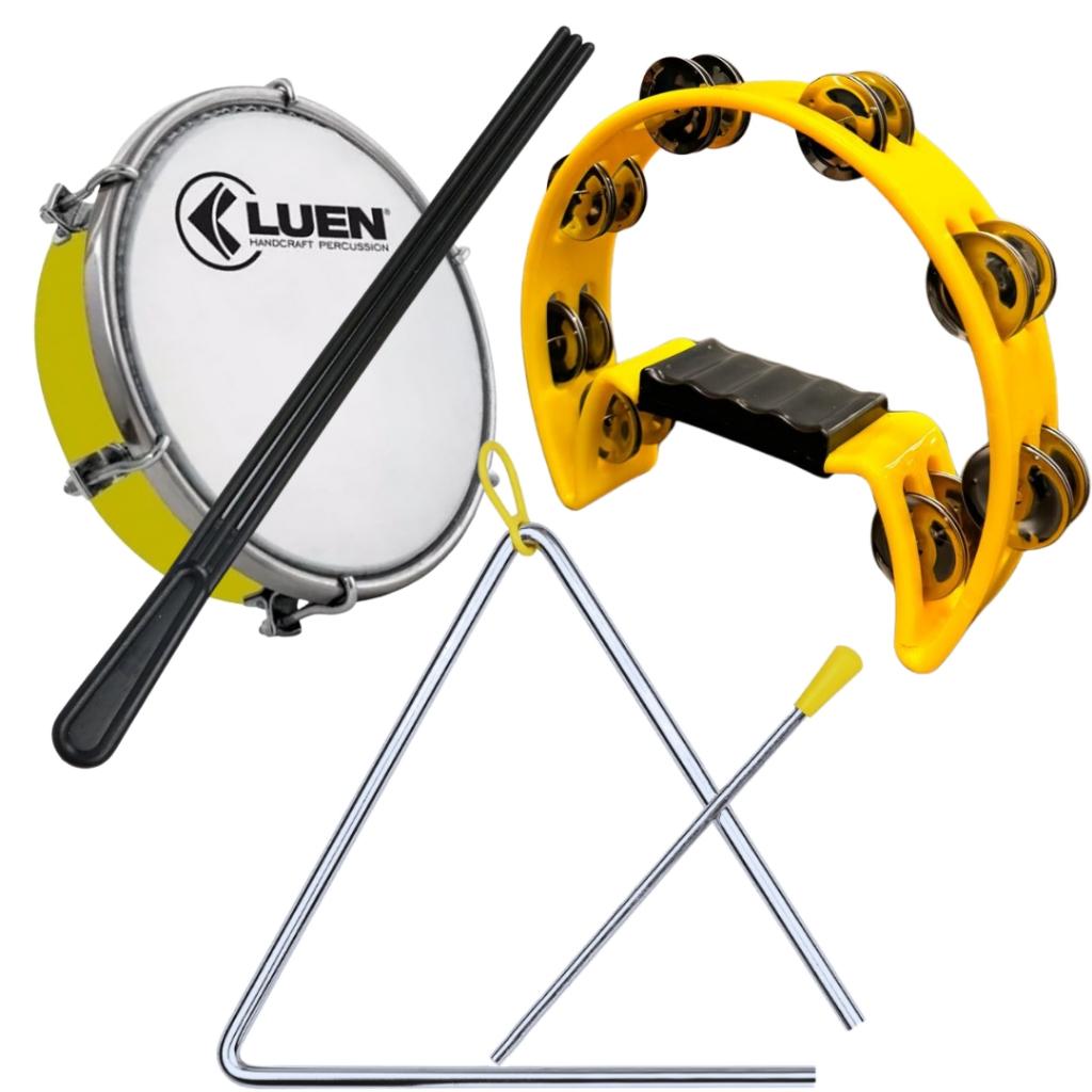 Kit Pandeiro Meia Lua + Triângulo + Tamborim Lu + Baqueta Tripla