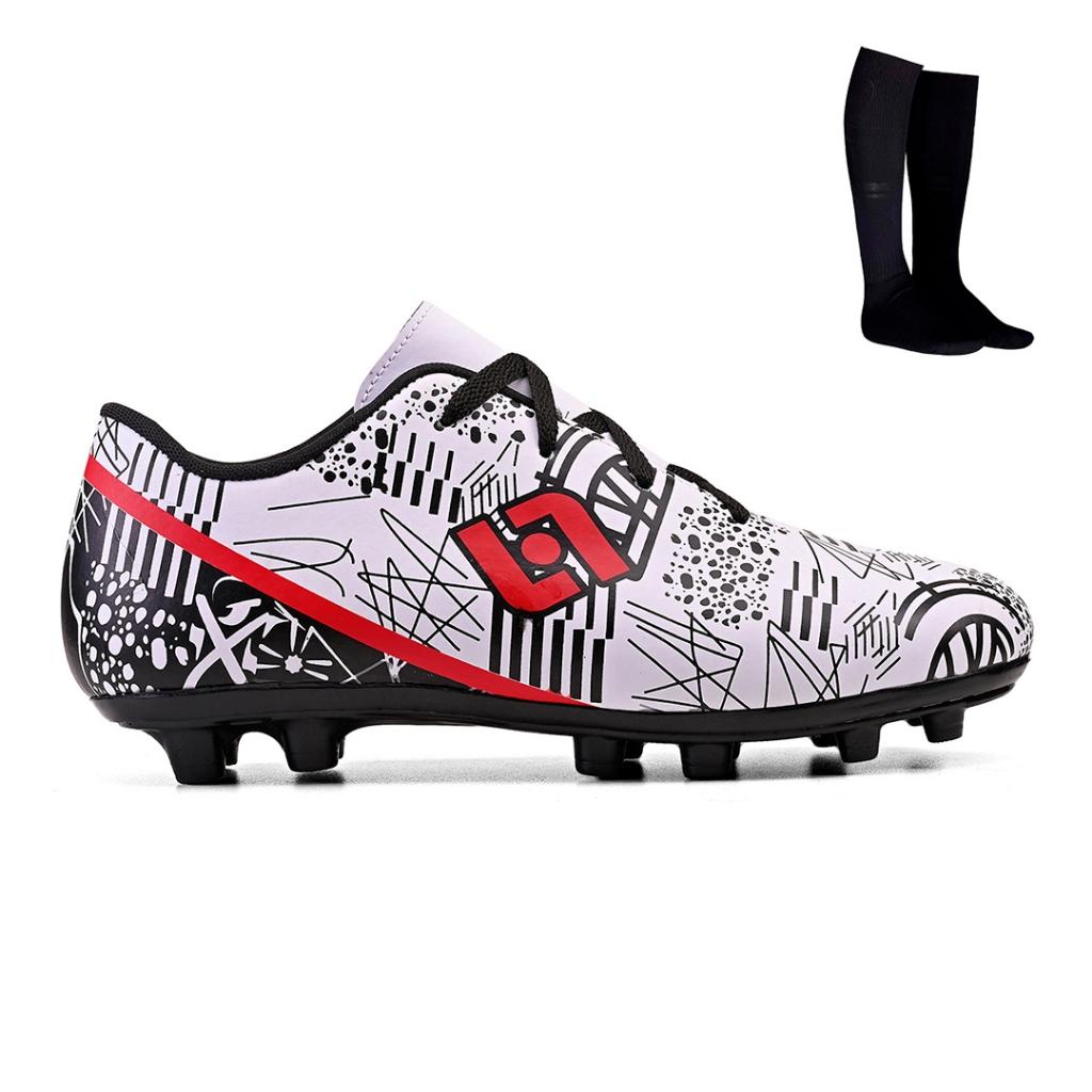 Kit Chuteira Masculina Adulto Trava Futebol Campo Costurada + Meiao