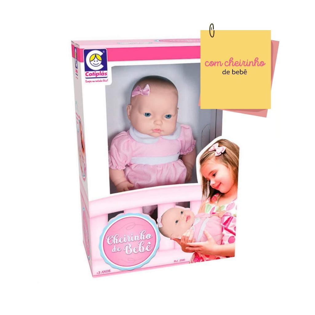 Boneca Cheirinho De Bebe Em Vinil 36cm Com Vestidinho Rosa Cotiplas