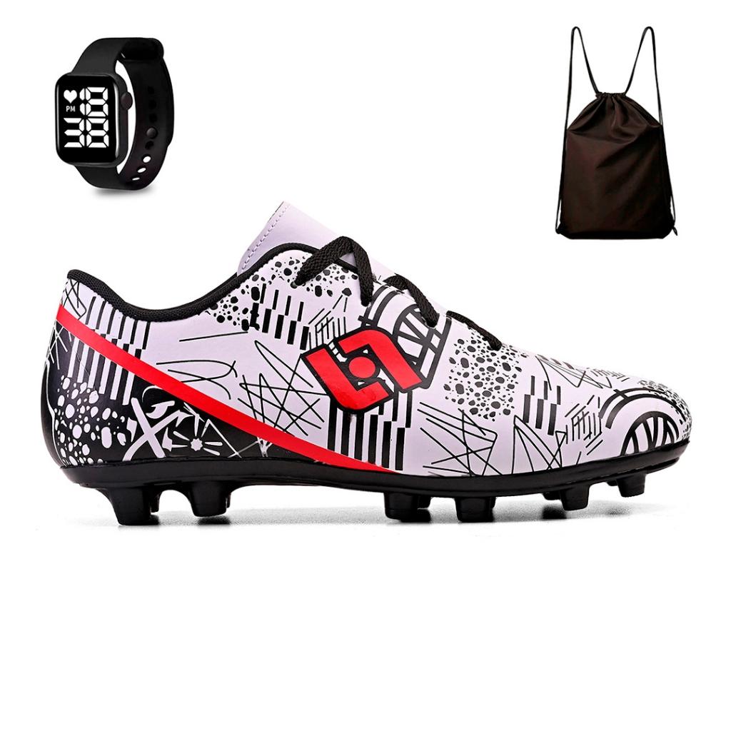 Kit Chuteira Masculina Adulto Trava Futebol Campo Costurada + Mochila E Relogio