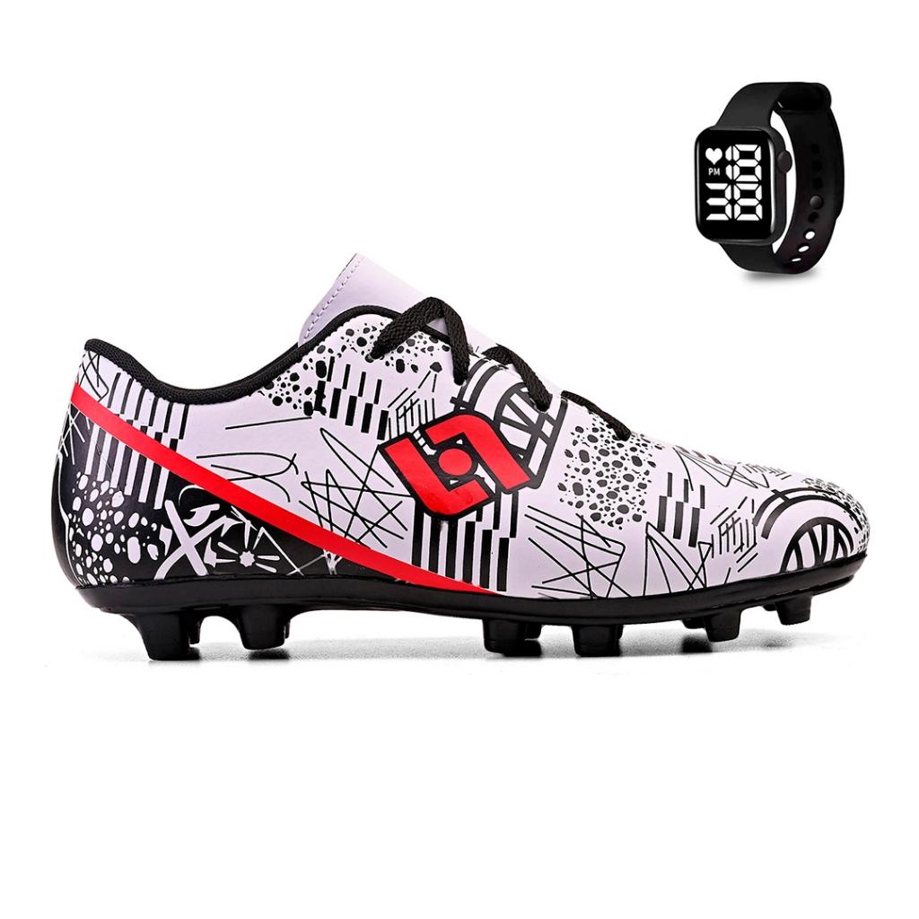 Kit Chuteira Masculina Adulto Trava Futebol Campo Costurada + Relogio