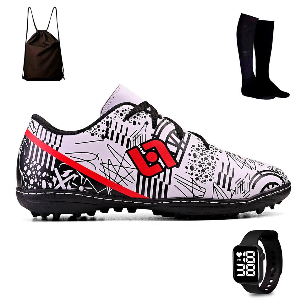 Kit Chuteira Masculina Society Campo Sintetico Futebol Costurada + Mochila Meiao E Relogio