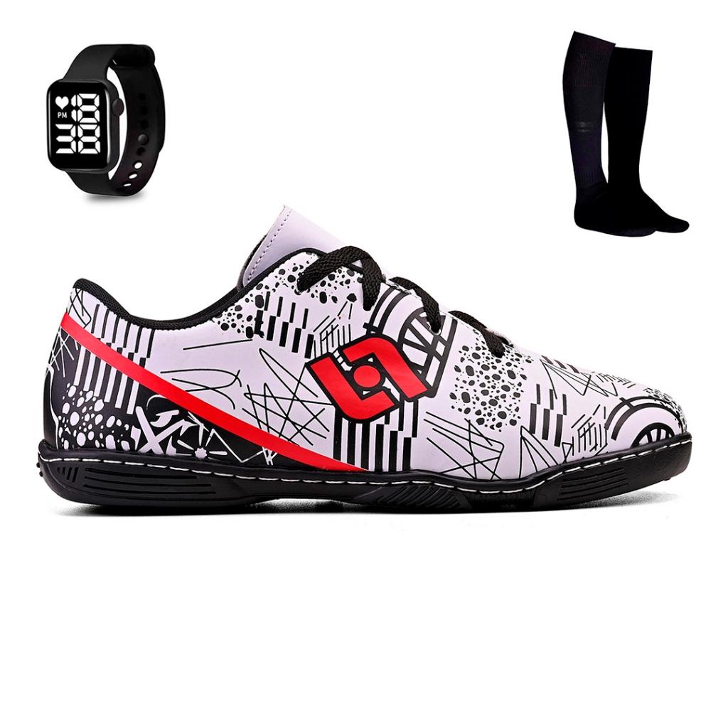 Kit Chuteira Masculina Indoor Quadra Futebol Salao Costurada + Meiao E Relogio