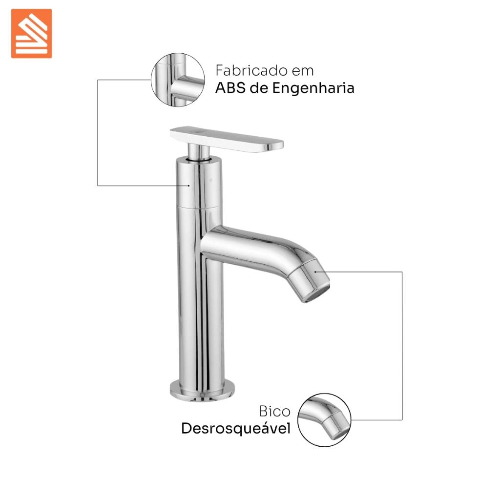 Torneira Pia De Banheiro Lavabo Cromada Abs C/Valvula Ralo7/8 + Engate Flexível + Sifão Branco 70cm