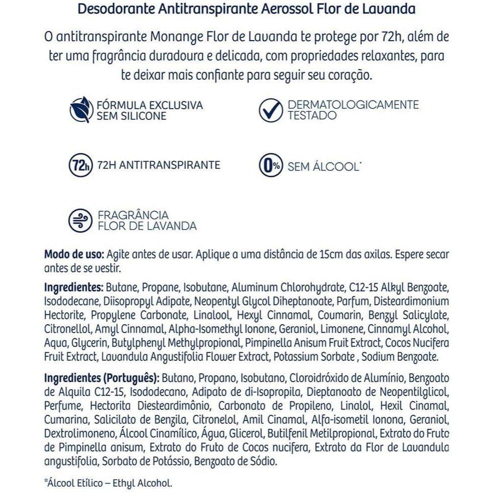 Desodorante Antitranspirante Monange Aerossol Flor De Lavanda Com 150ml