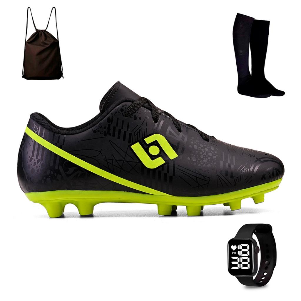 Kit Chuteira Masculina Adulto Trava Futebol Campo Costurada + Mochila Meiao E Relogio