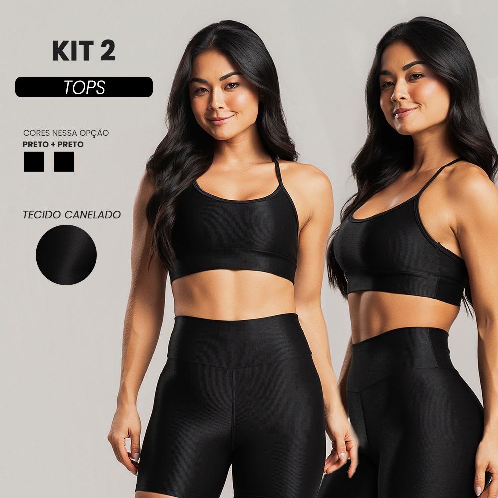 Kit 2 Tops Fitness Feminino Canelado Brilho Modelador Confortável Academia E Treino