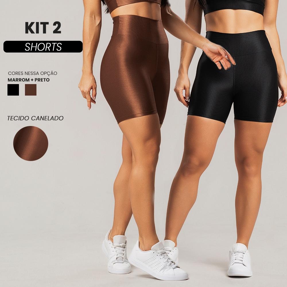 Kit 2 Shorts Academia Feminino Canelado Brilhoso Cintura Alta Confortável Para Treino