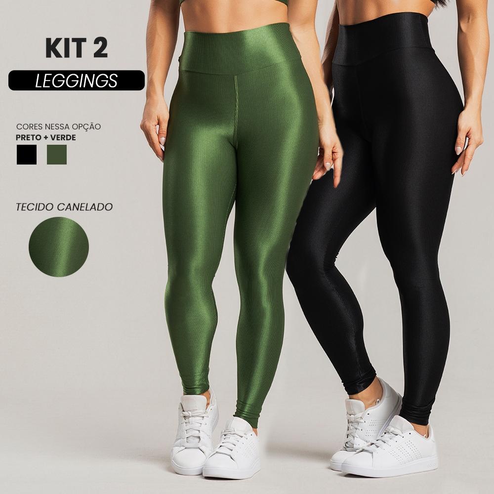 Kit 2 Calças Legging Fitness Feminina Cós Alto Trilobal Canelada Cintura Alta Brilho Academia
