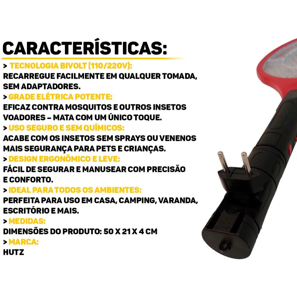 Raquete Anti-insetos Elétrica Hutz C/Carregamento USB Luz De LED Ideal P/Eliminar Mosquitos Pernilongos E Insetos