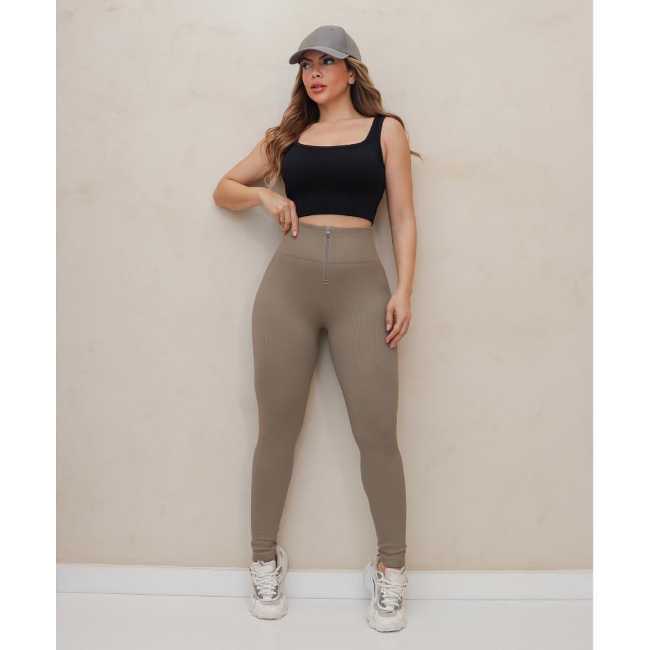 Calça Feminina Esportiva Canelada Poliamida Academia Elástica Ziper Fitness 3RD