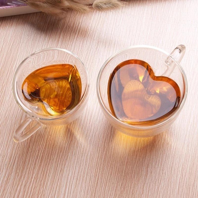 Xicaras Coração Parede Dupla 80ML Caneca P/Café Chá Drink Vidro Resistente Presente Kit Lembrança