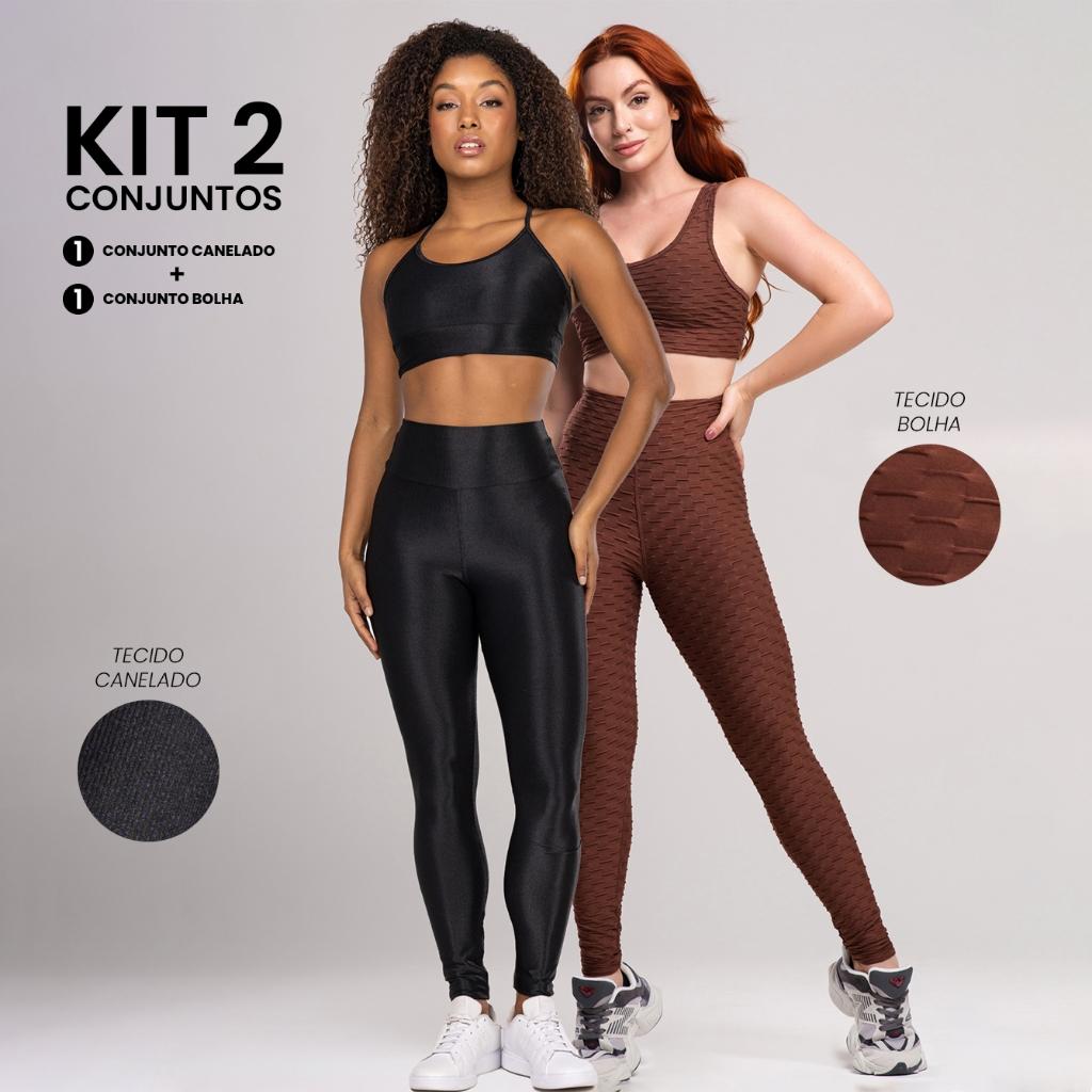 Kit 2 Conjuntos Fitness Canelado + Bolha Academia Casual