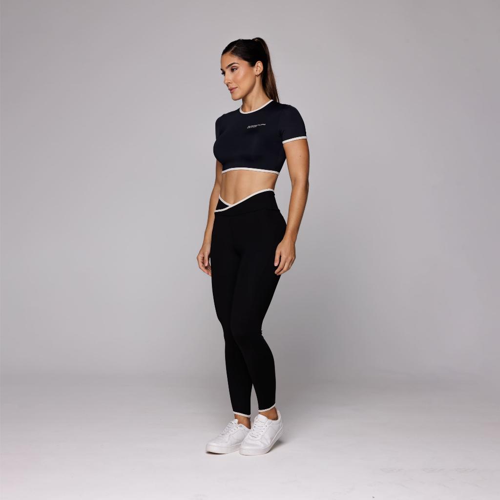 Conjunto Academia Kate Fitness Feminino Cropped Com Manga E Calça Legging Cós Cruzado Coleção Duo