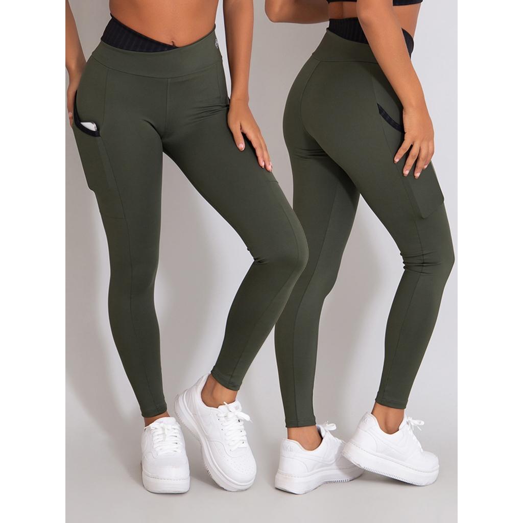 Calça Feminina Poliamida Legging Bolso Recorte 3D Yoga-corrida