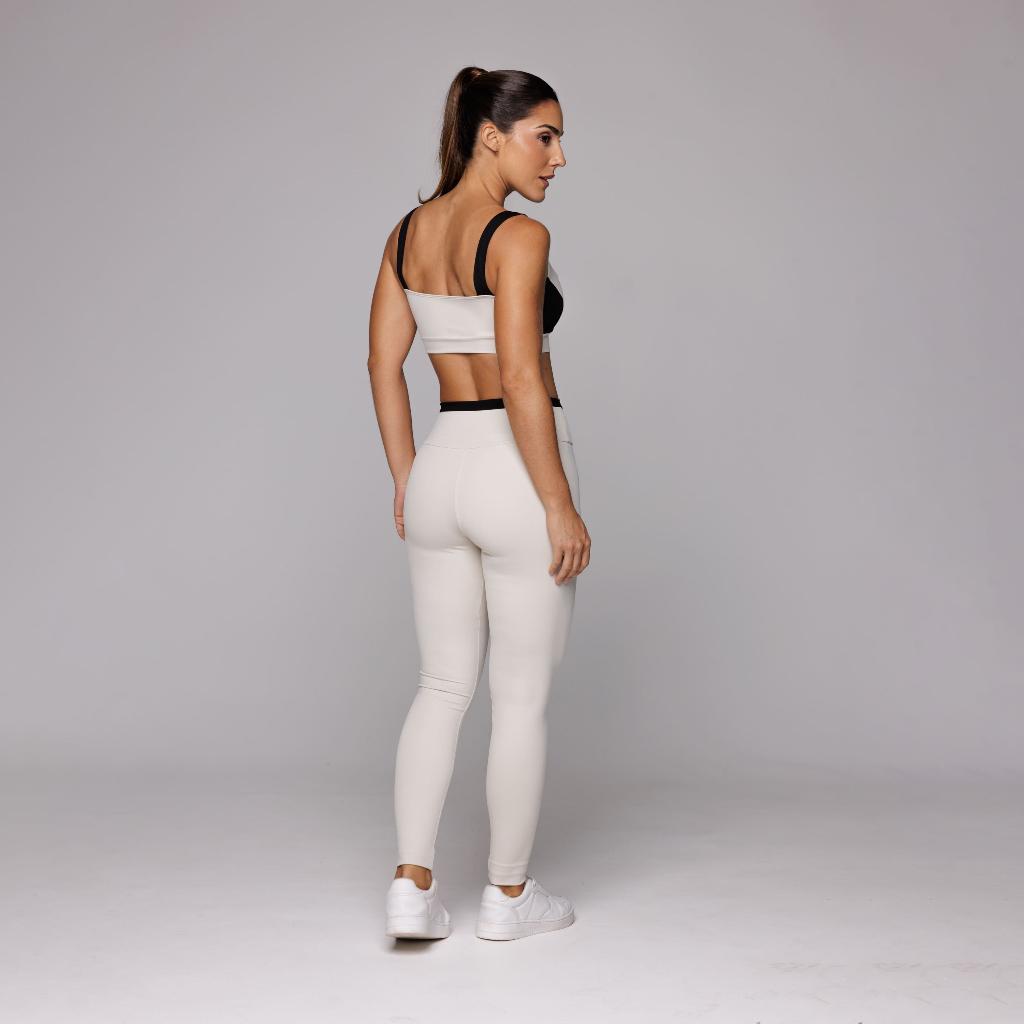 Conjunto Academia Fitness Feminino Top Recorte E Calça Legging Cós Duplo Detalhe Preto Coleção Duo