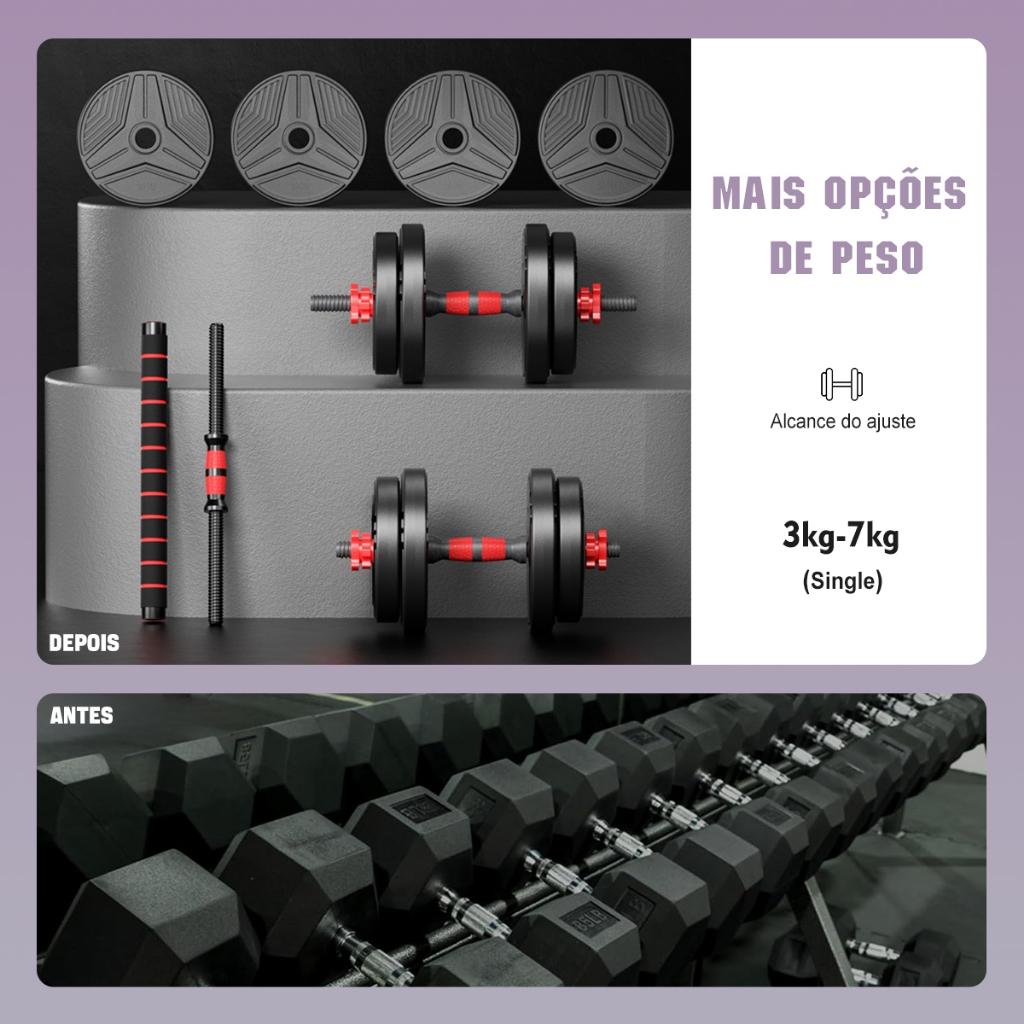 Kit 6 Em 1 Musculação 15kg Halteres Anilhas Barras Kettlebell Ajustáveis Academia Treino Em Casa