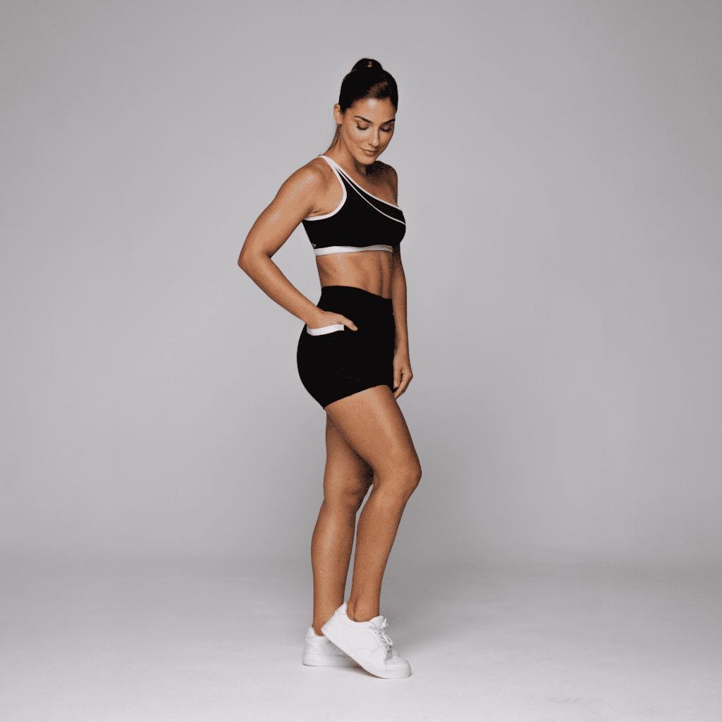 Conjunto Fitness Feminino Flower Academia Top Ombro Só E Short Fitness Com Bolso Coleção Duo