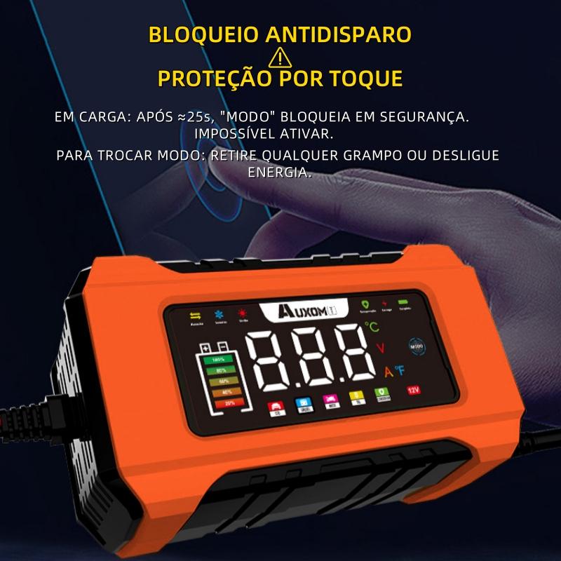 Carregador De Bateria Auxom 12V Inteligente Com Display LED - Recuperação Por Pulsos Para Carro E Moto