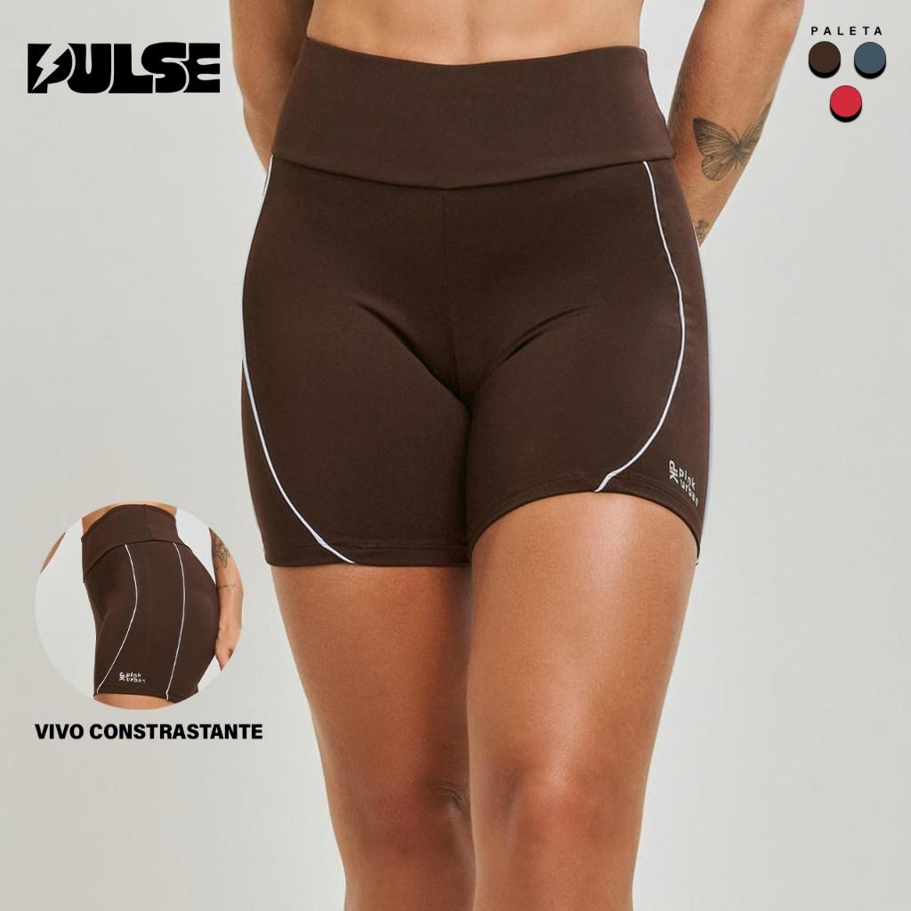 Short Fitness Feminino Pulse Cós Alto Poliamida Zero Transparência Detalhe Vivo Academia Yoga