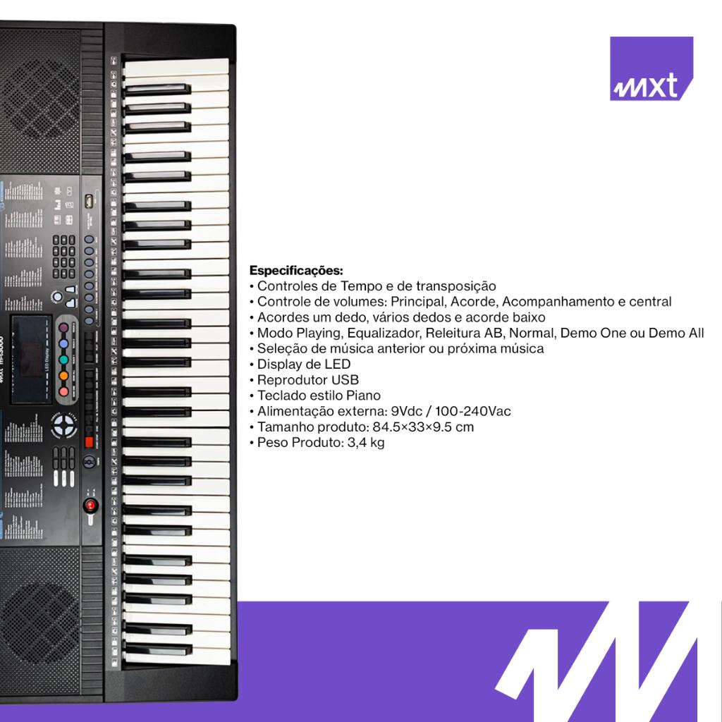 Teclado Musical Mxt M-t3000 61 Teclas Estilo Piano USB LED Função Sustain Gravação 50 Músicas Demo Aprendizagem