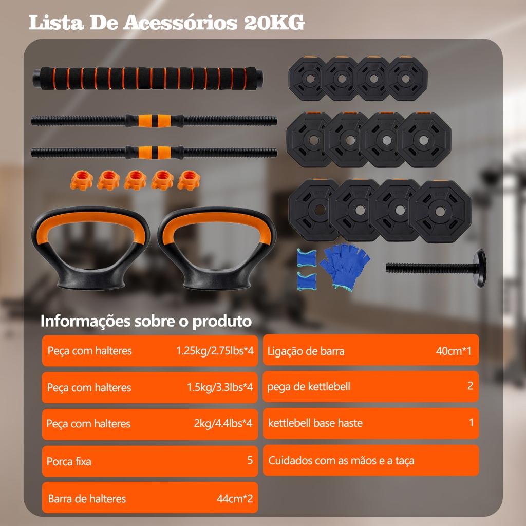Joyfox Alteres Musculação Kit Halteres 6 Em 1 Musculação Até 20kg Ajustável Kettlebell Barra Anilha