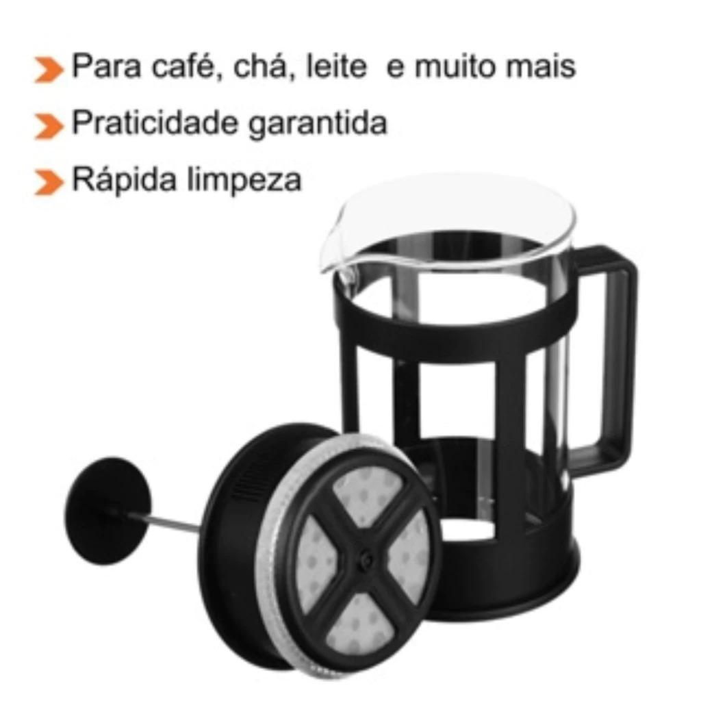Cafeteira Prensa Francesa De Vidro 350ml Inox Resistente Cremeira Com Tampa Preto Prata Presente