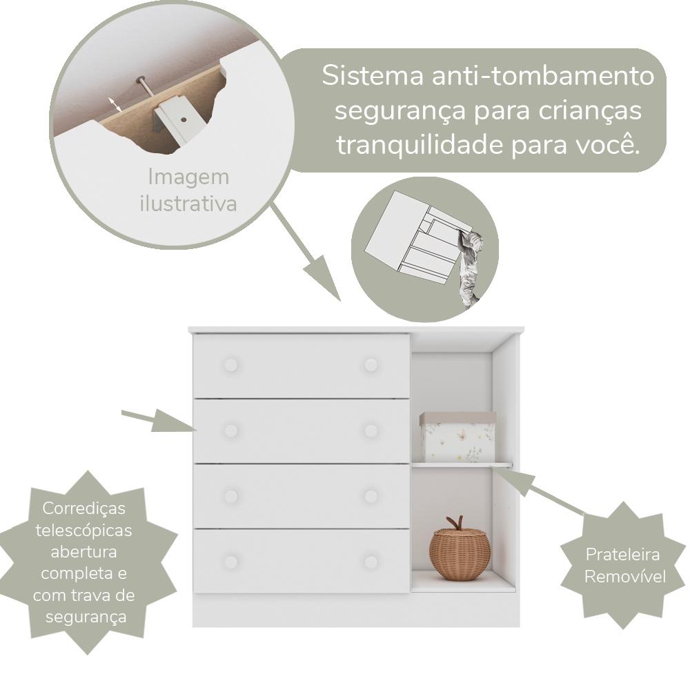 Cômoda Infantil 4 Gavetas Com Porta Fraldário Lia 100 Mdf Branca