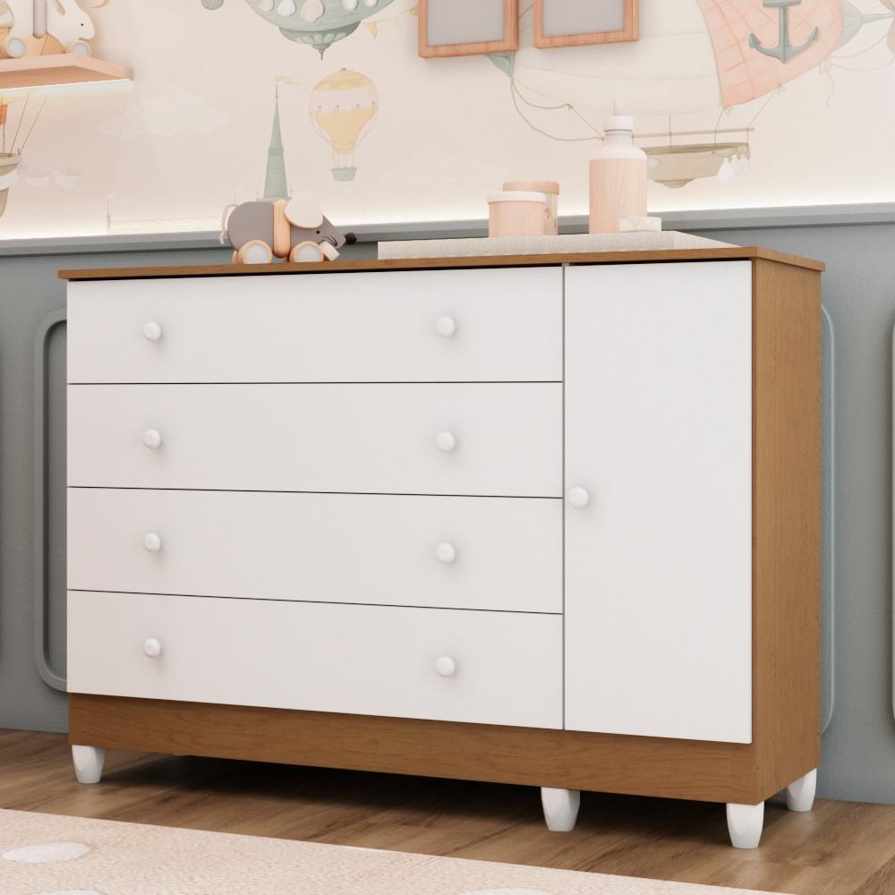 Cômoda Infantil 4 Gavetas Com Porta Fraldário Taís 100 Mdf Branco Bétula