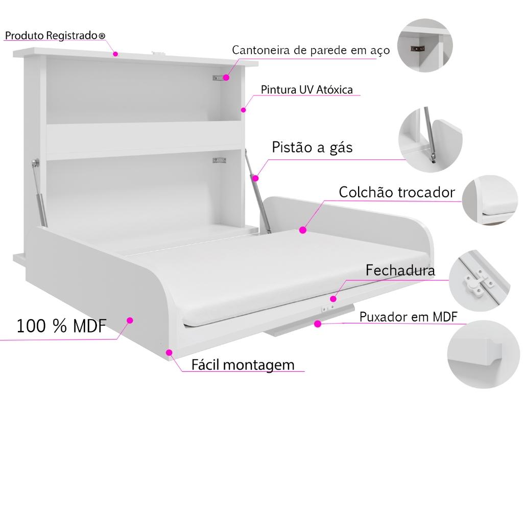 Trocador De Parede Dobrável Branco Com Pistão A Gás Colchão Mdf Compacto E Seguro Nichos