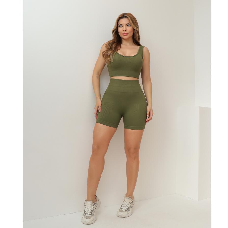 Conjunto Feminino Fitness Canelado Poliamida Grosso Short Esportivo Academia Yoga 3RD